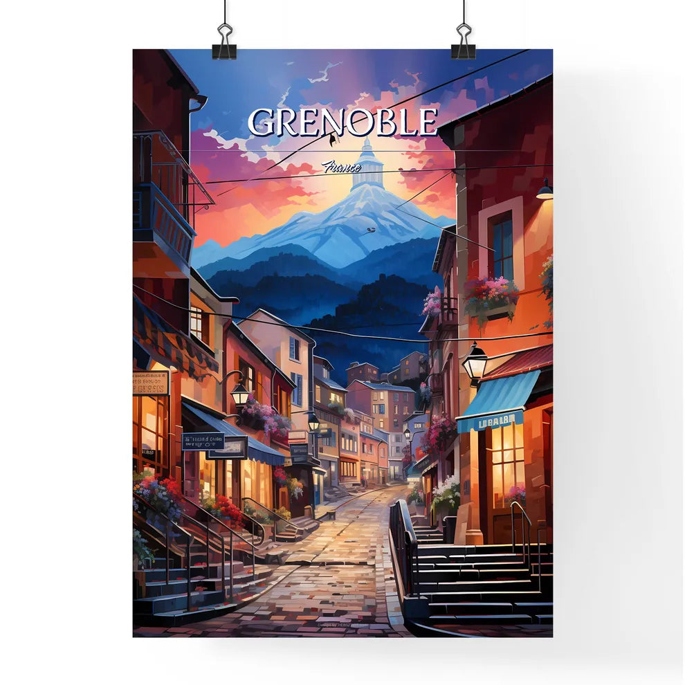 Grenoble, France - Art print of a street with buildings and mountains in the background Poster