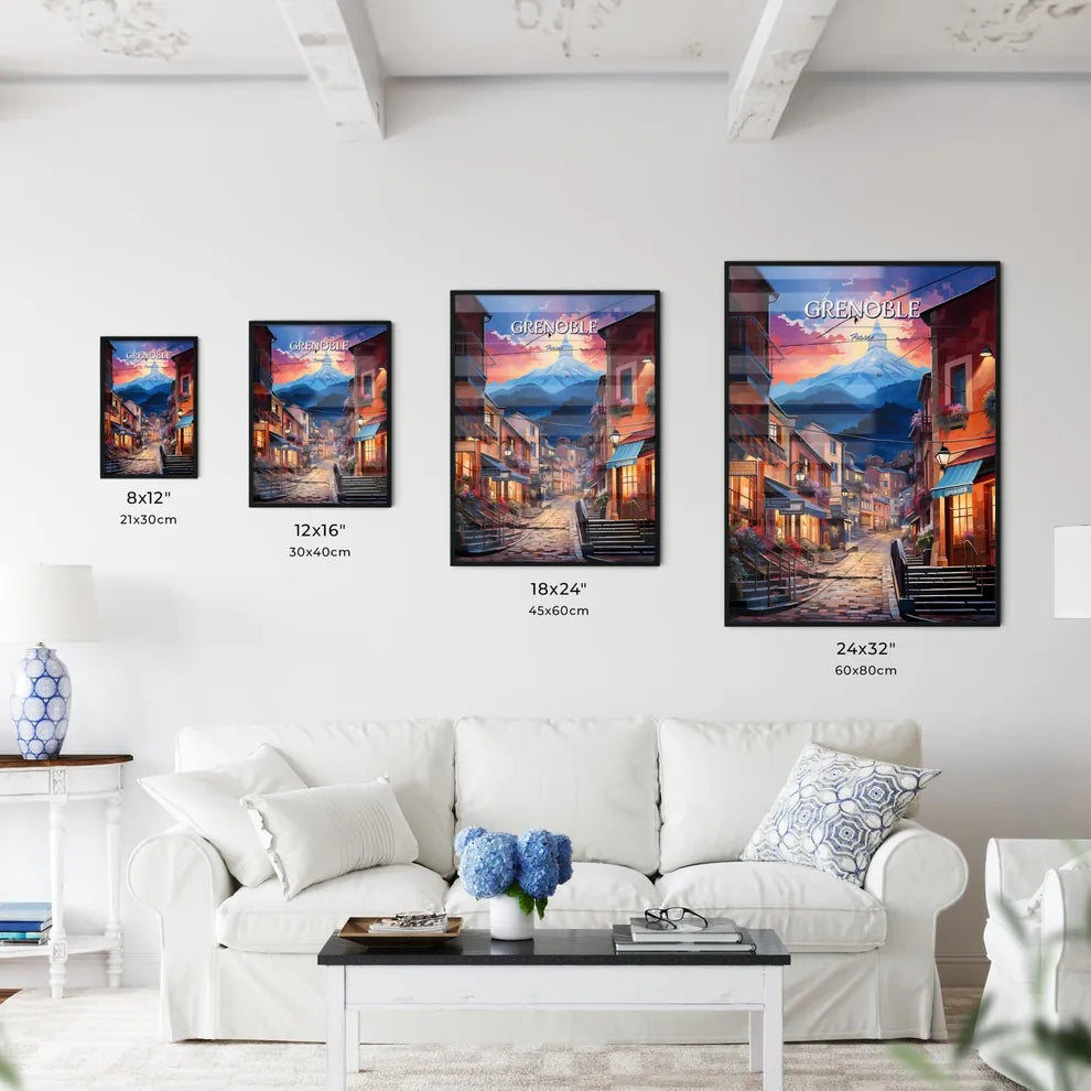 Grenoble, France - Art print of a street with buildings and mountains in the background Size Chart