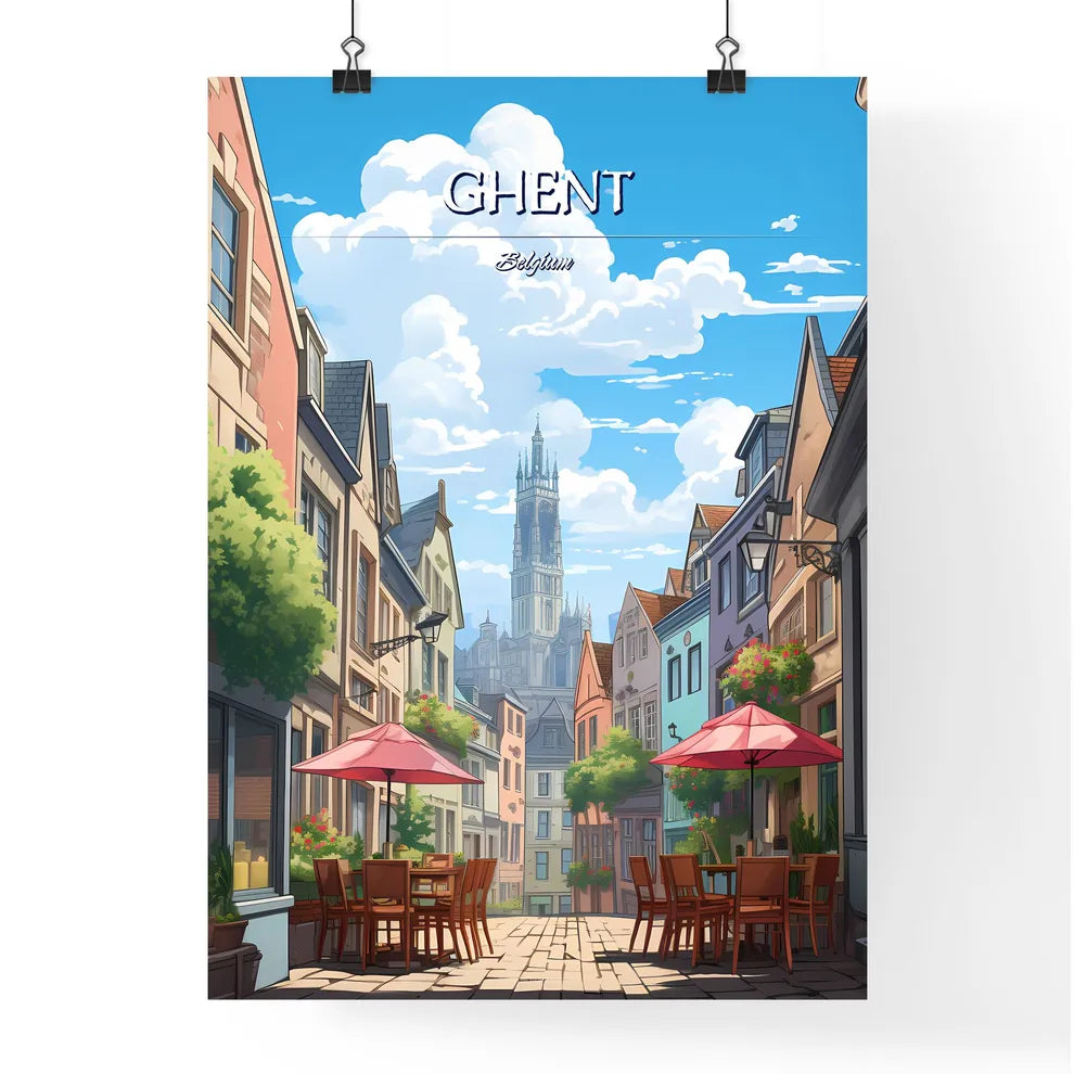 Ghent, Belgium - Art print of a street with tables and chairs and umbrellas in a city Poster