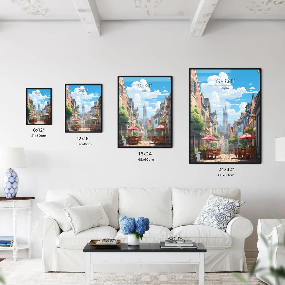 Ghent, Belgium - Art print of a street with tables and chairs and umbrellas in a city Size Chart