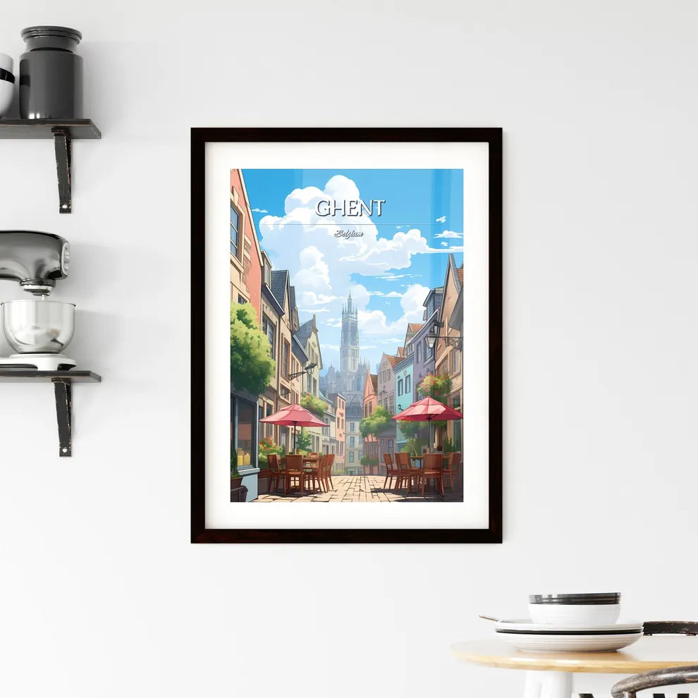 Ghent, Belgium - Art print of a street with tables and chairs and umbrellas in a city Custom Print