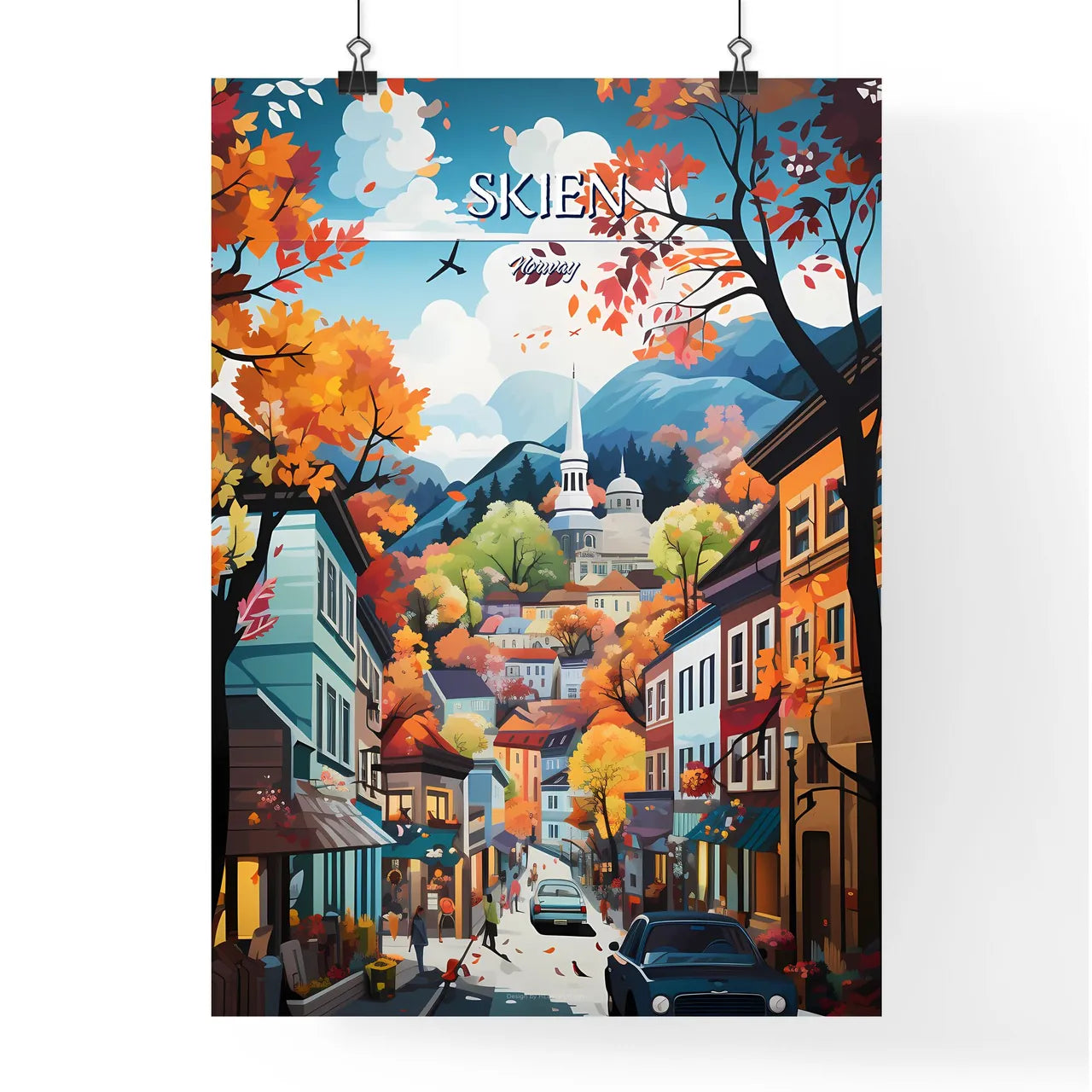 Skien, Norway - Art print of a colorful city street with trees and mountains Poster