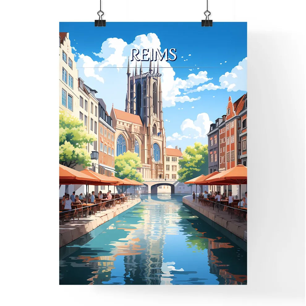 Reims, France - Art print of a river with people sitting at tables and umbrellas in a city Poster