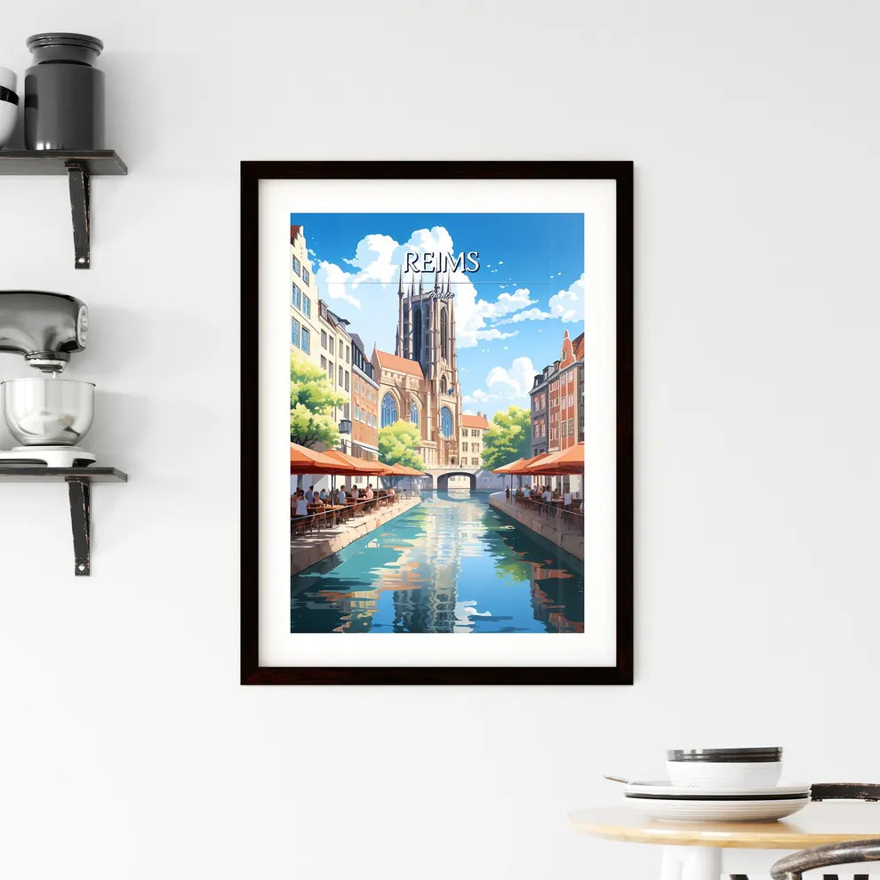 Reims, France - Art print of a river with people sitting at tables and umbrellas in a city Custom Print