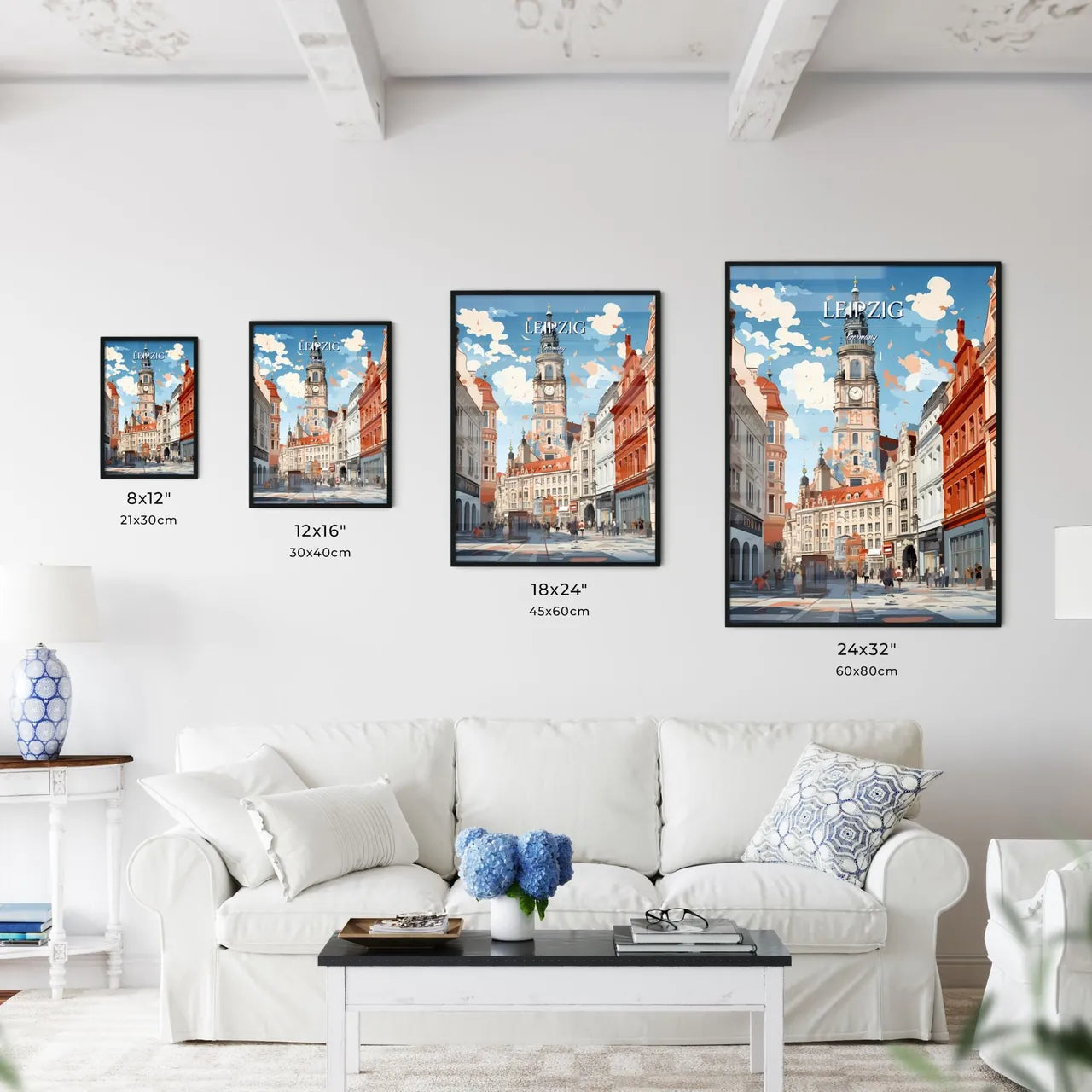 Leipzig, Germany - Art print of a large clock tower in a city Size Chart