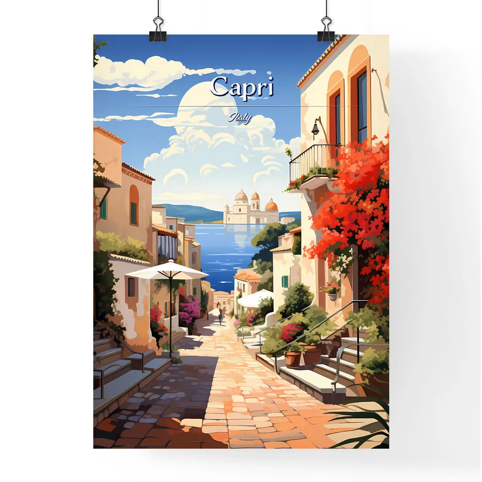 Capri, Italy - Art print of a street with buildings and a body of water Poster