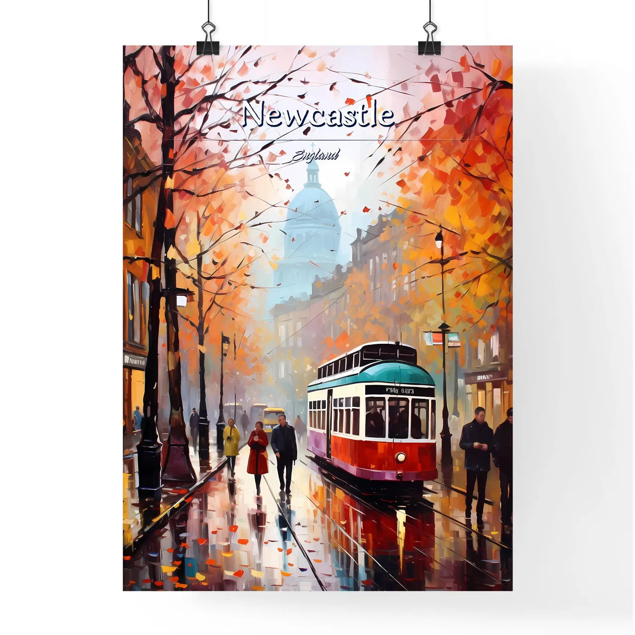 Newcastle upon Tyne, England - Art print of a street with a trolley and people walking on it Poster