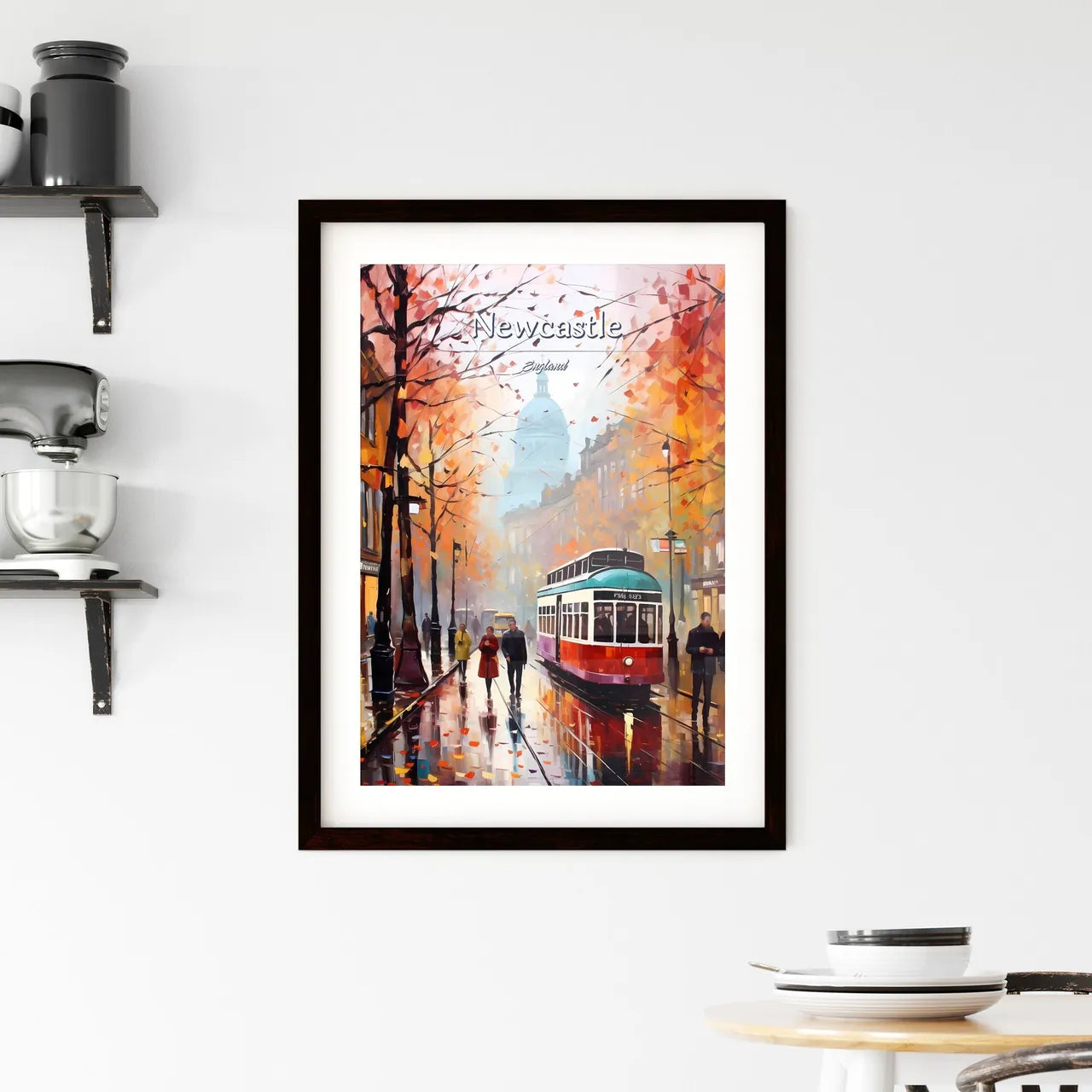 Newcastle upon Tyne, England - Art print of a street with a trolley and people walking on it Custom Print