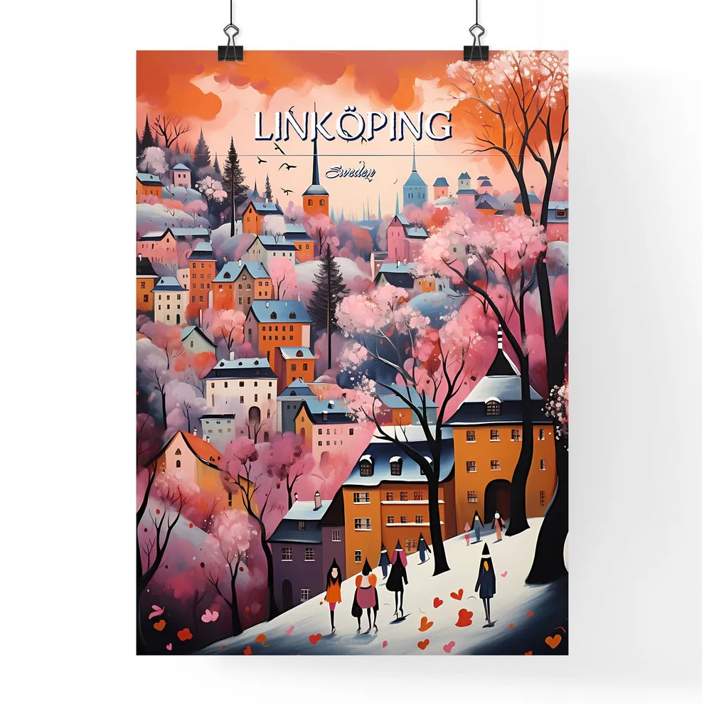 Linköping, Sweden, - Art print of a painting of a town with trees and buildings Poster
