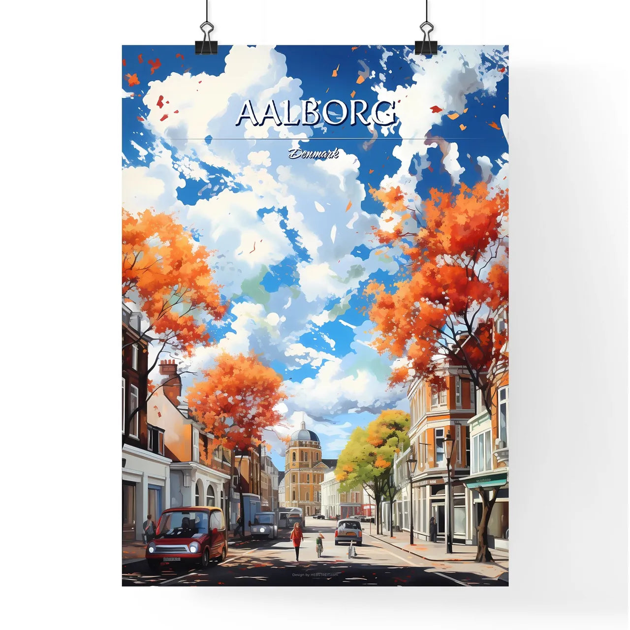 Aalborg, Denmark - Art print of a street with cars and trees Poster