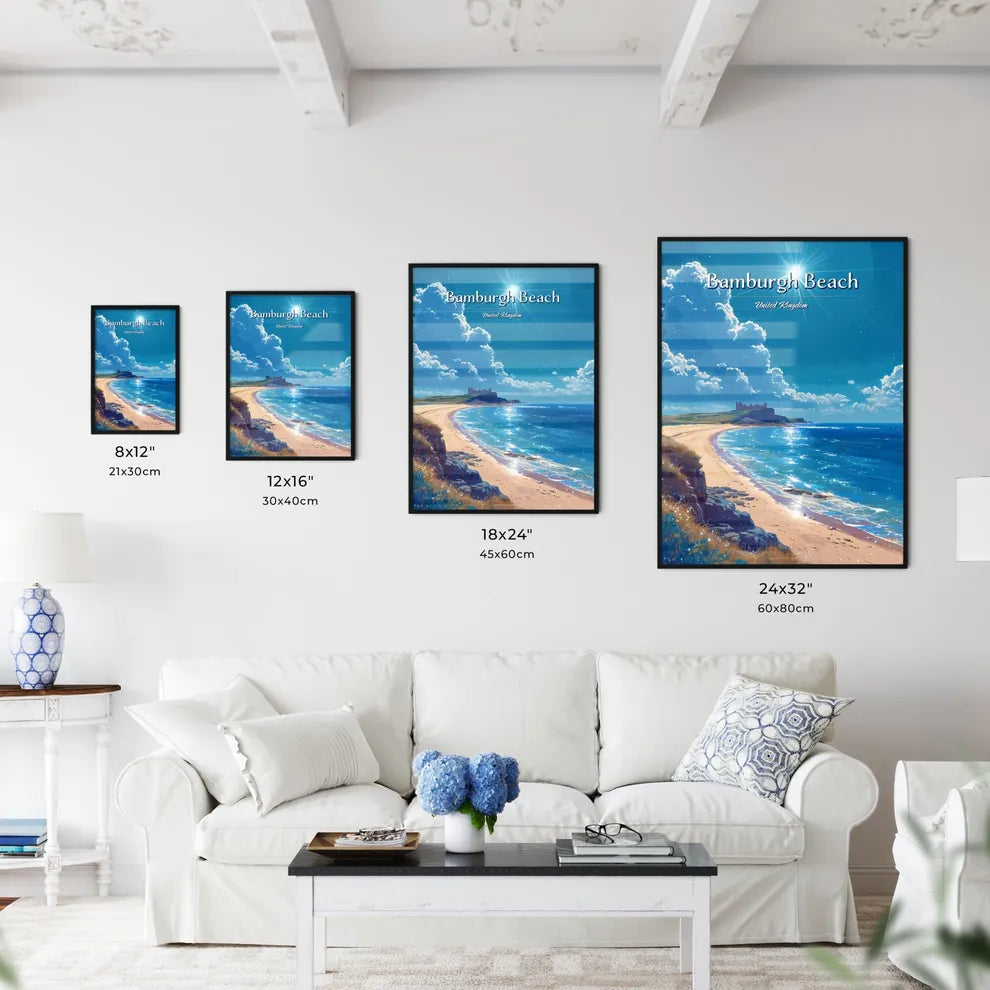 Bamburgh Beach, United Kingdom - Art print of a beach with a castle on the shore Size Chart