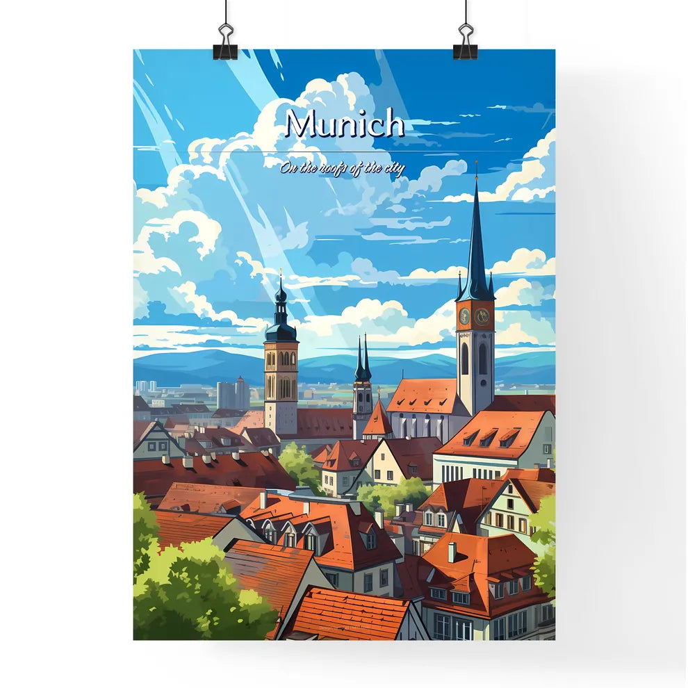 On the roofs of Munich - Art print of a city with a clock tower Poster