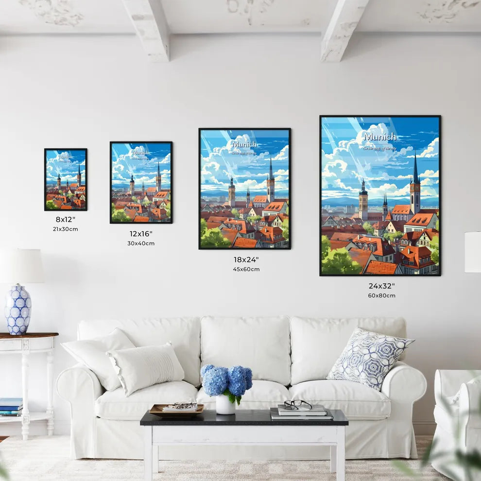 On the roofs of Munich - Art print of a city with a clock tower Size Chart
