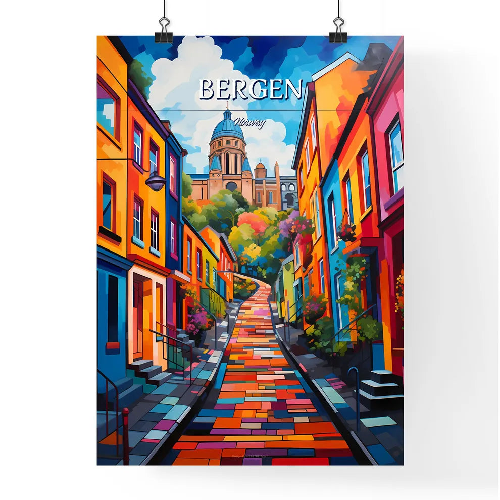 Bergen, Norway - Art print of a colorful street with a building in the background Poster
