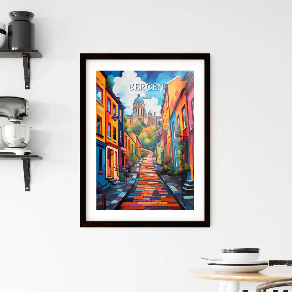 Bergen, Norway - Art print of a colorful street with a building in the background Custom Print