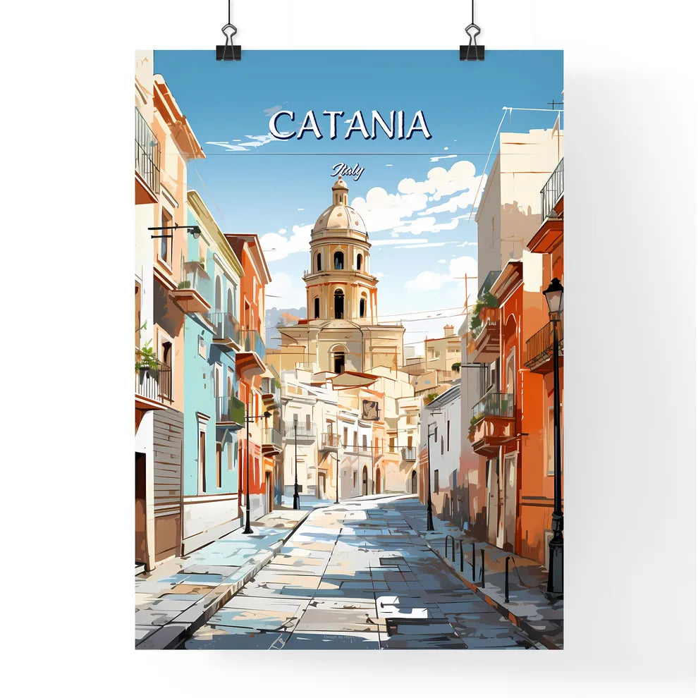 Catania, Italy - Art print of a street with buildings and a tower Poster