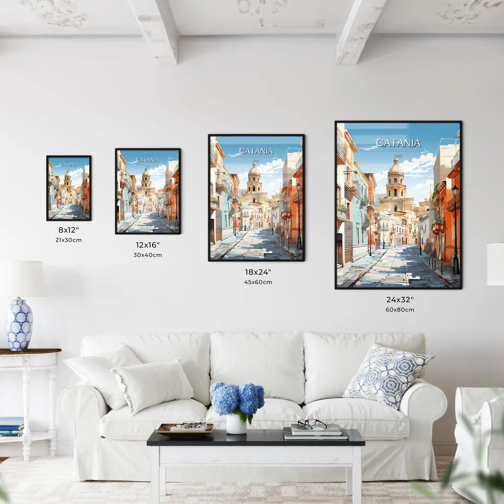 Catania, Italy - Art print of a street with buildings and a tower Size Chart