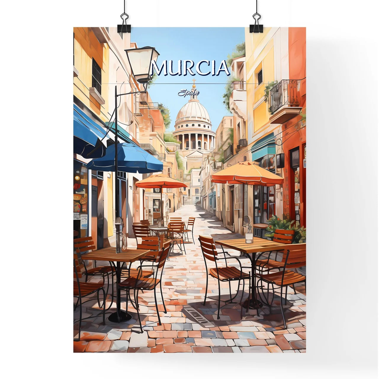 Murcia, Spain - Art print of a street with tables and umbrellas Poster