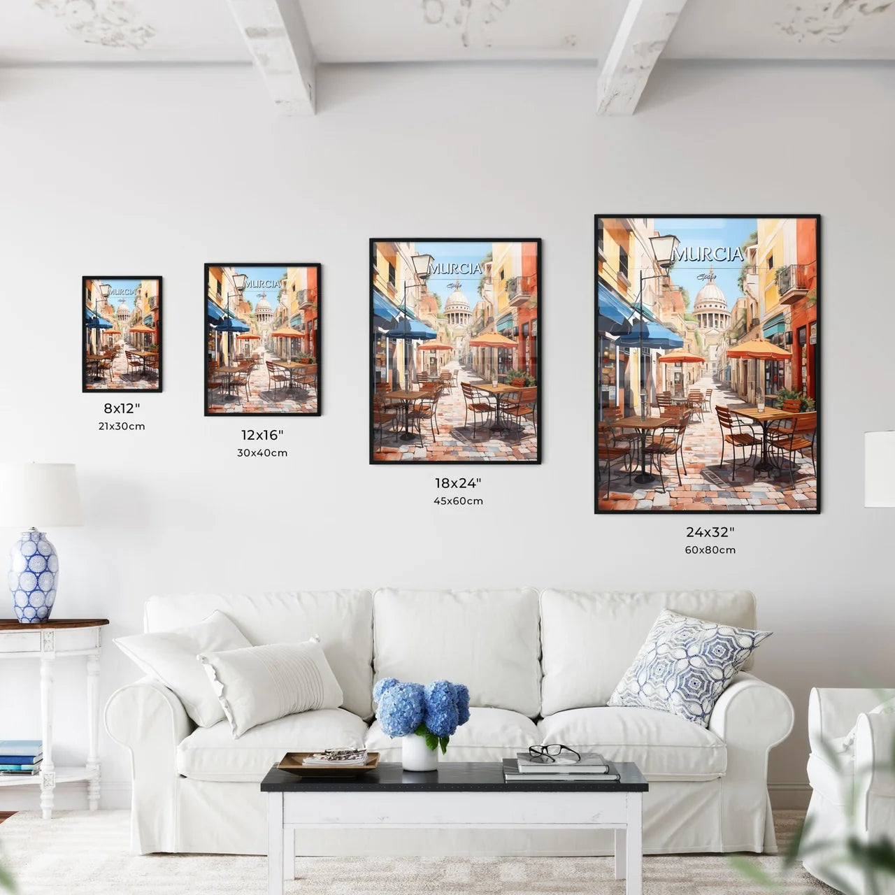 Murcia, Spain - Art print of a street with tables and umbrellas Size Chart