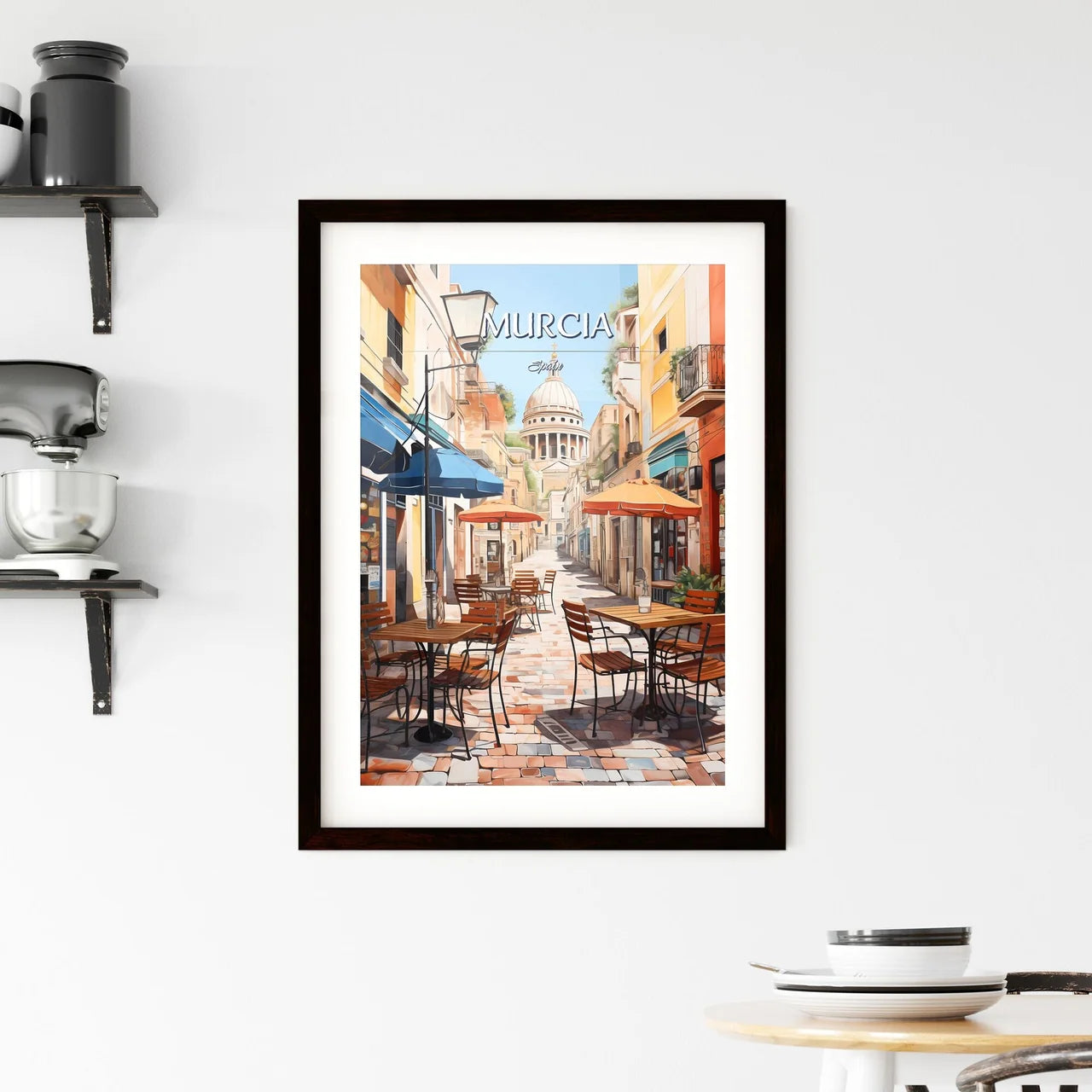 Murcia, Spain - Art print of a street with tables and umbrellas Custom Print