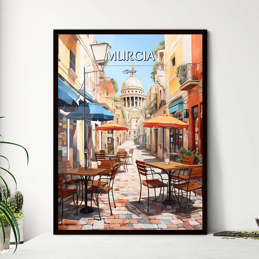 Murcia, Spain - Art print of a street with tables and umbrellas Framed Art