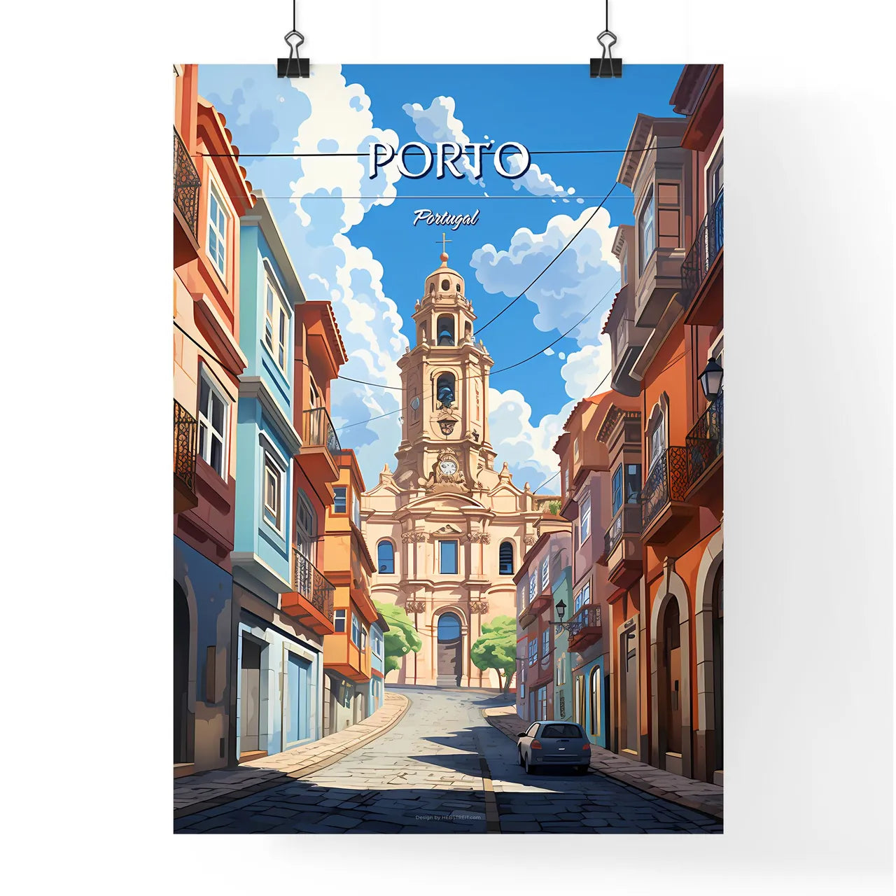 Porto, Portugal - Art print of a street with a large tower and buildings Poster