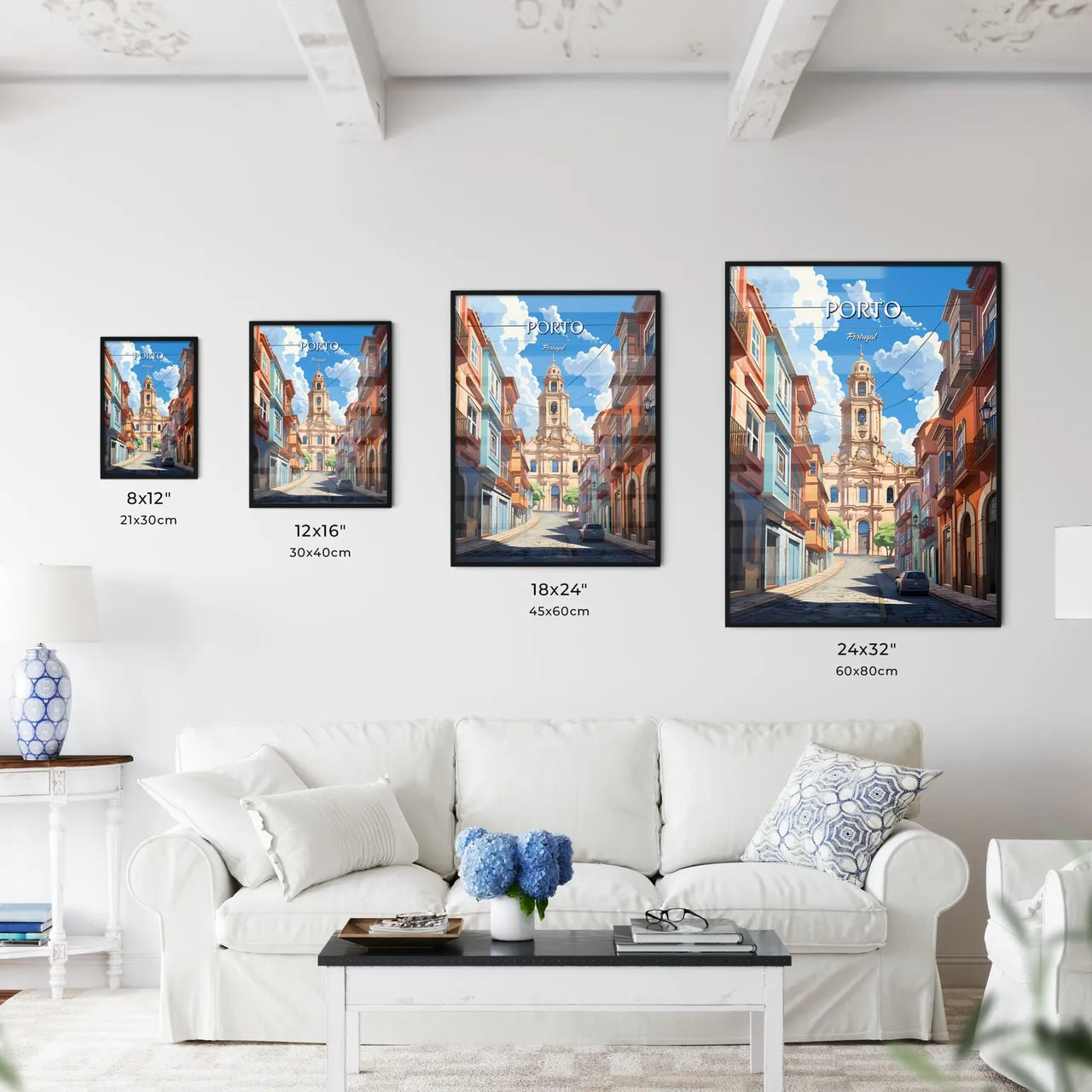 Porto, Portugal - Art print of a street with a large tower and buildings Size Chart