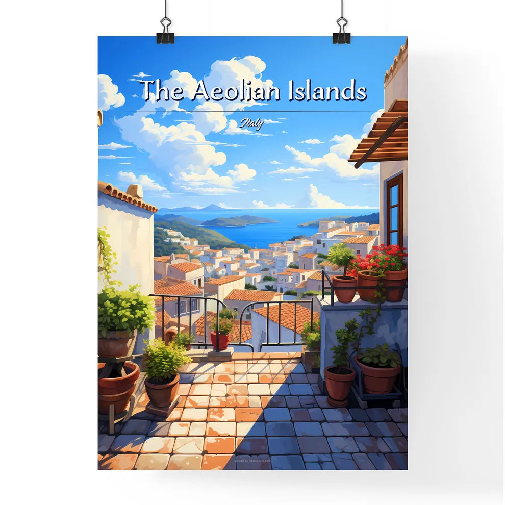 On the roofs of The Aeolian Islands, Italy - Art print of a view of a city from a balcony Poster