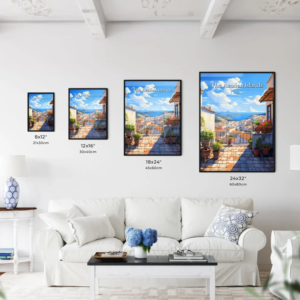 On the roofs of The Aeolian Islands, Italy - Art print of a view of a city from a balcony Size Chart