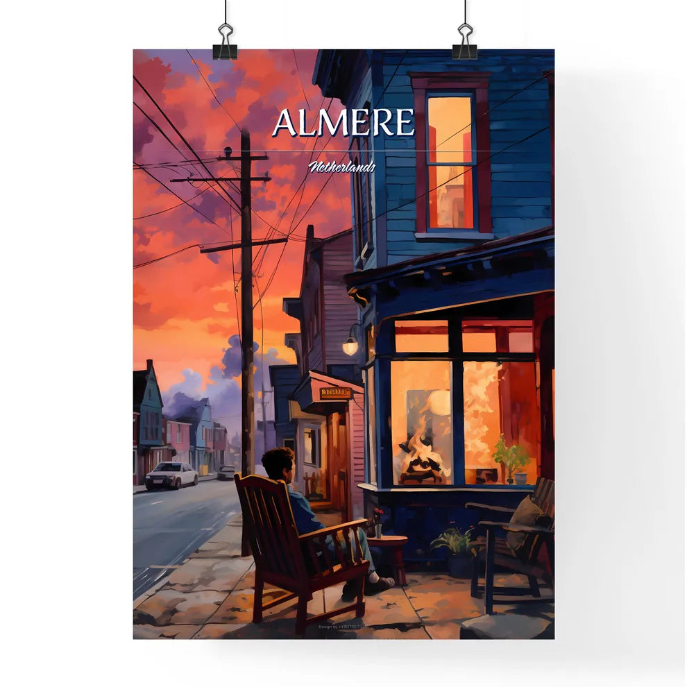 Almere, Netherlands - Art print of a person sitting on a bench in front of a fire Poster