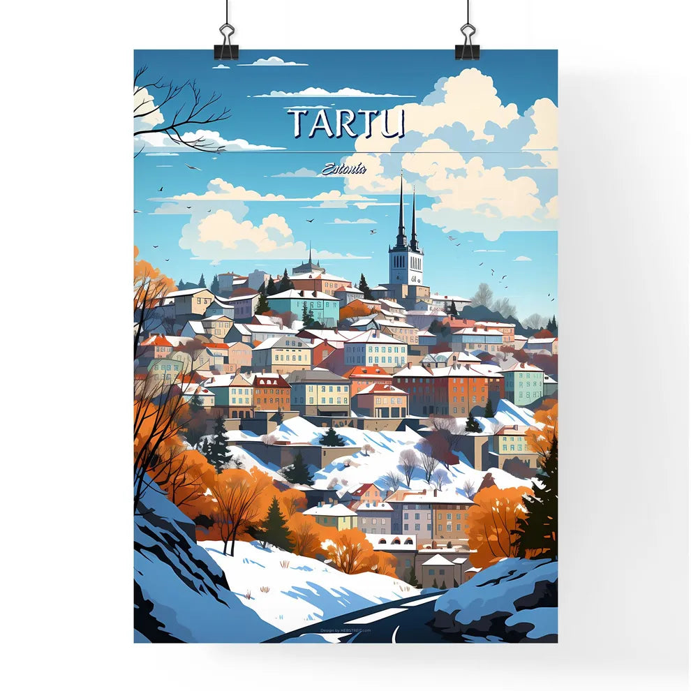 Tartu, Estonia - Art print of a snowy town on a hill Poster