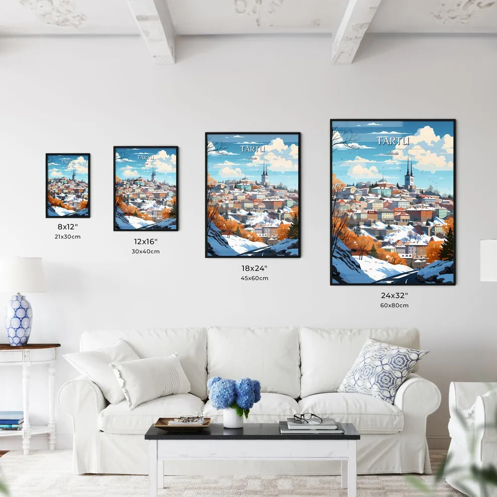 Tartu, Estonia - Art print of a snowy town on a hill Size Chart