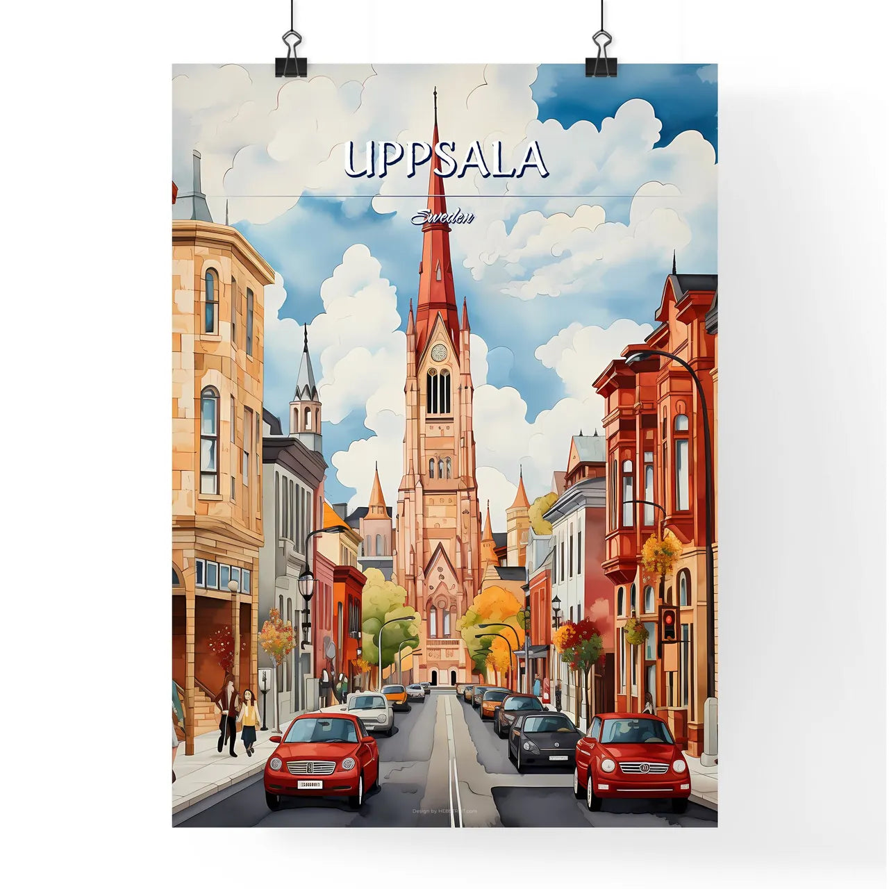 Uppsala, Sweden, - Art print of a street with cars and a church in the background Poster