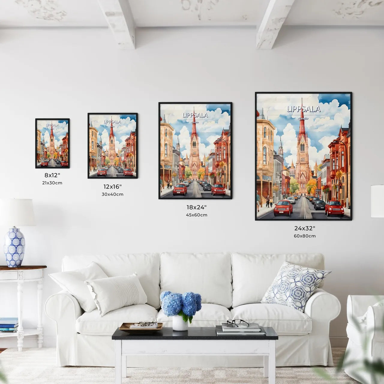 Uppsala, Sweden, - Art print of a street with cars and a church in the background Size Chart