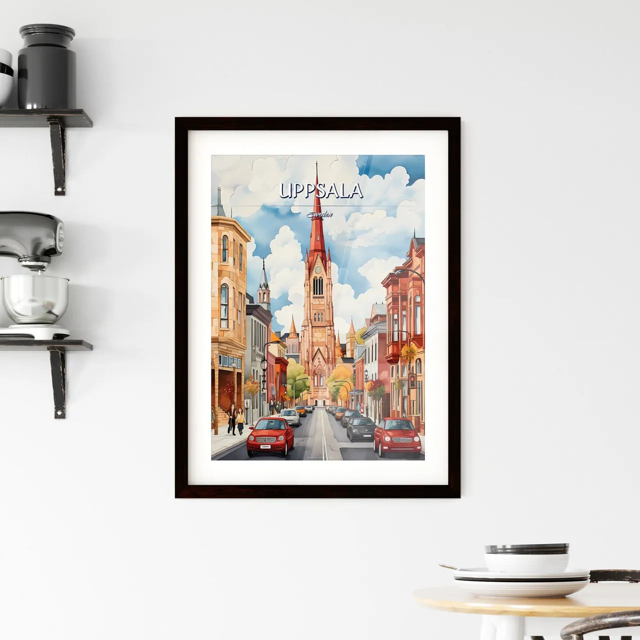 Uppsala, Sweden, - Art print of a street with cars and a church in the background Custom Print