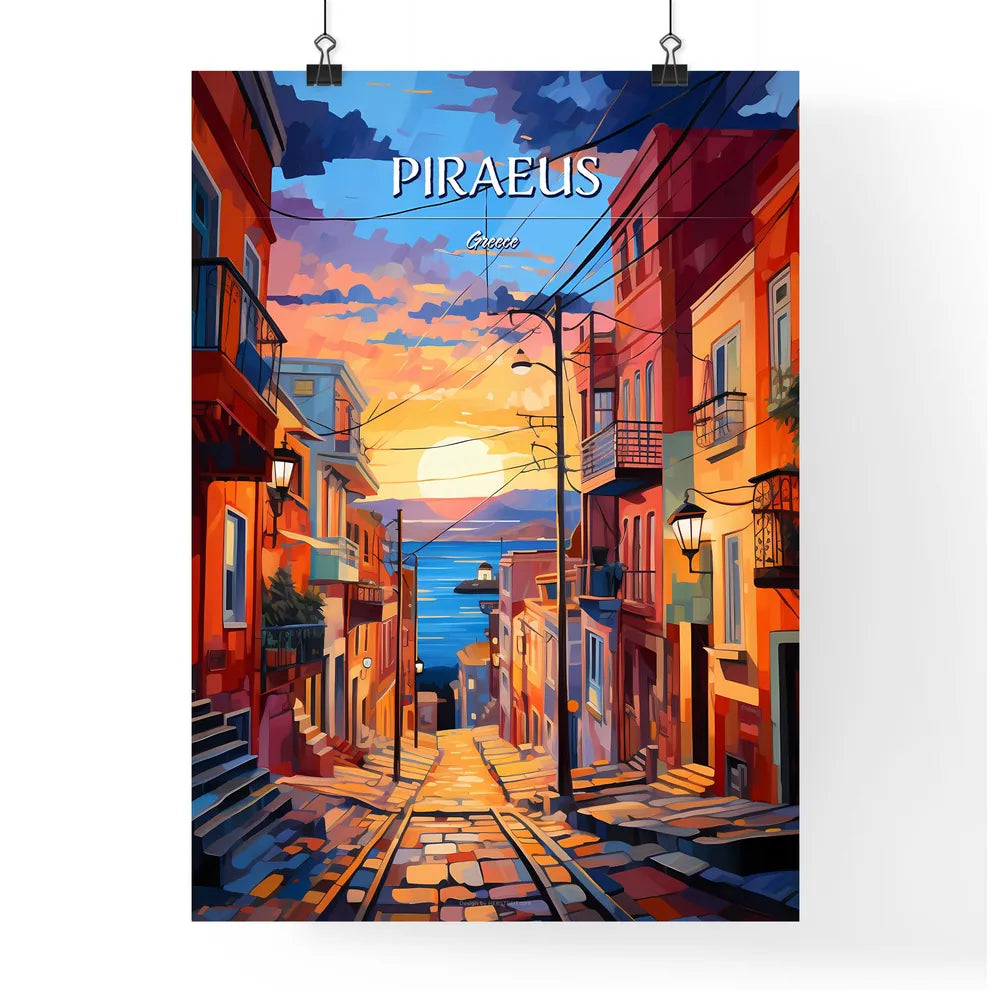 Piraeus, Greece - Art print of a street with buildings and a body of water Poster