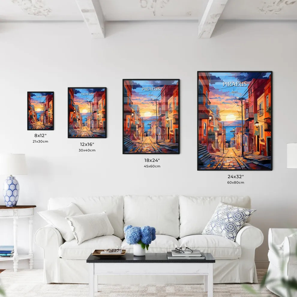 Piraeus, Greece - Art print of a street with buildings and a body of water Size Chart