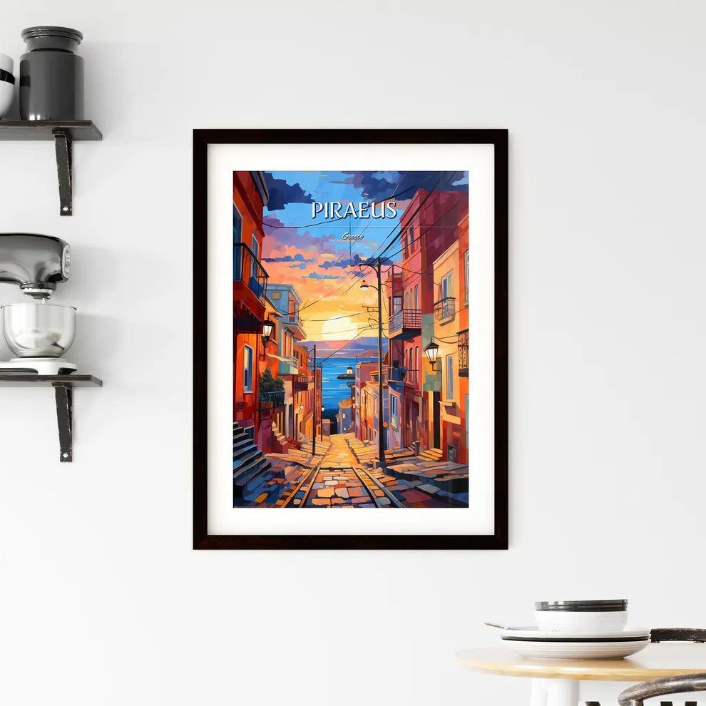 Piraeus, Greece - Art print of a street with buildings and a body of water Custom Print