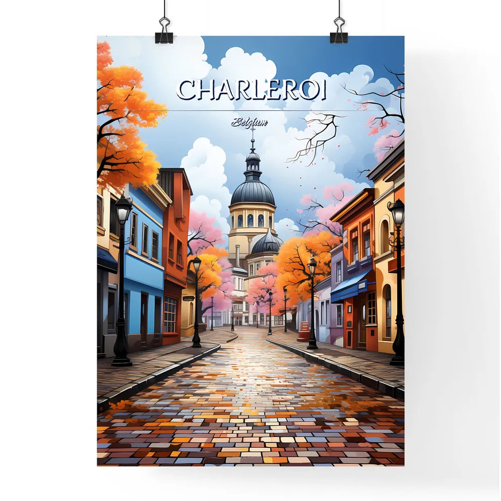 Charleroi, Belgium - Art print of a street with colorful buildings and trees Poster