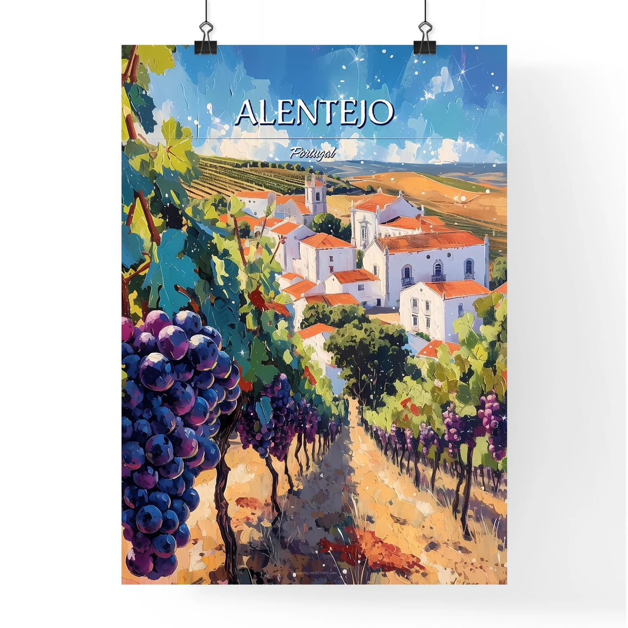 Alentejo, Portugal - Art print of a painting of a vineyard with grapes Poster