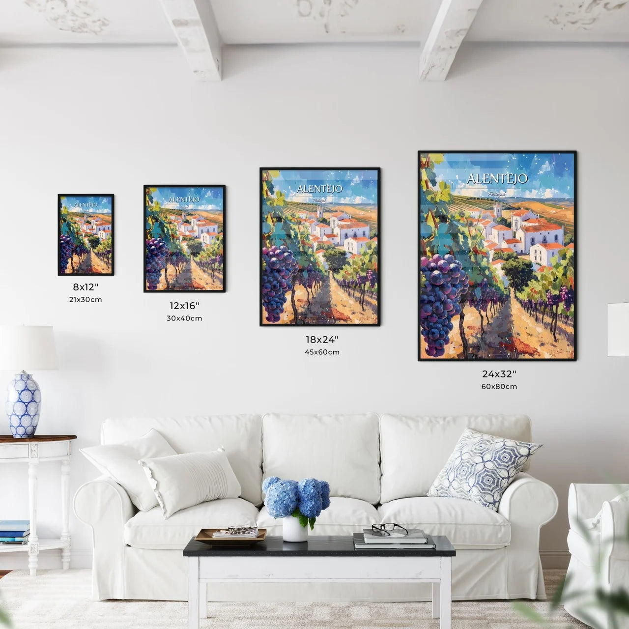 Alentejo, Portugal - Art print of a painting of a vineyard with grapes Size Chart