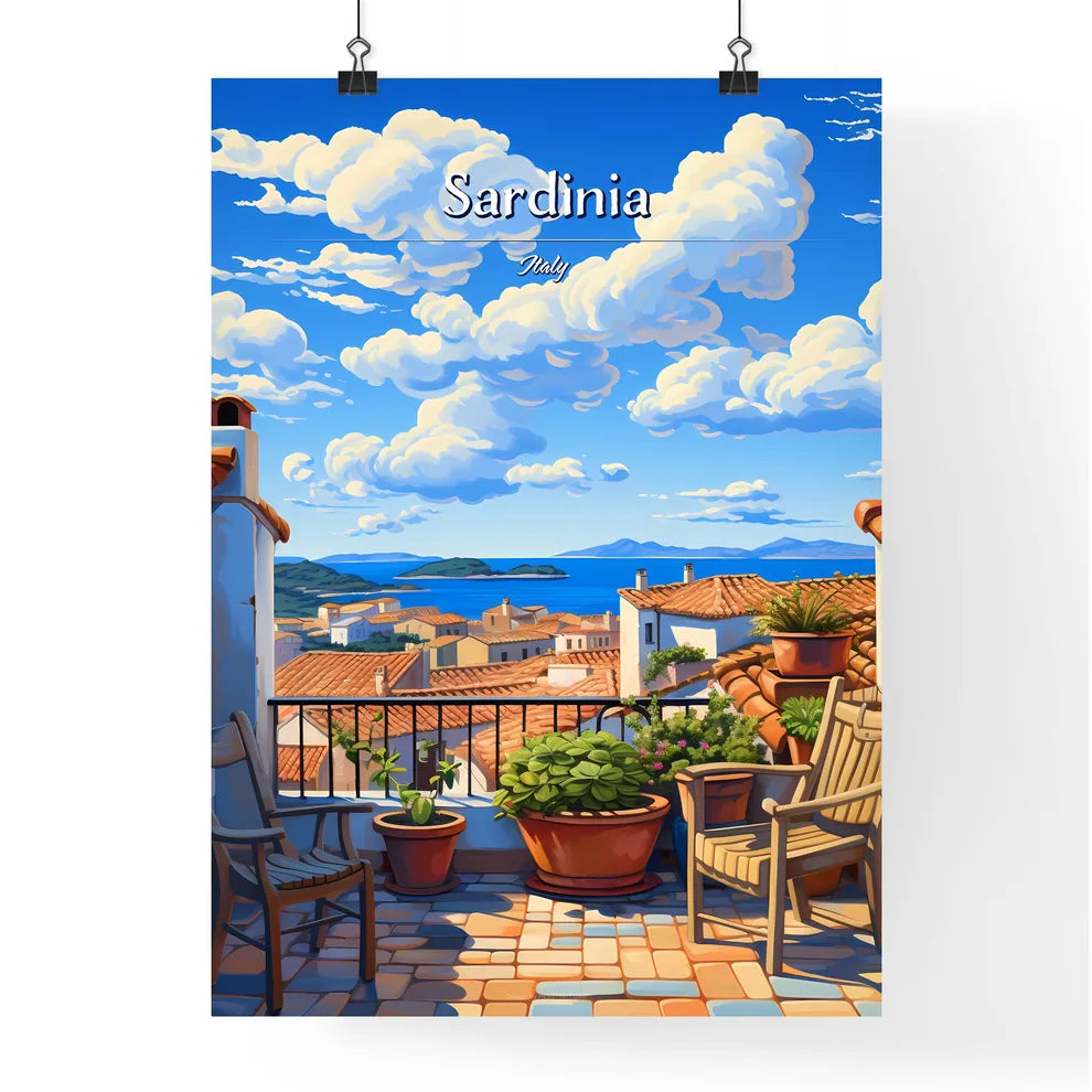 On the roofs of Sardinia, Italy - Art print of a balcony with chairs and plants on it Poster