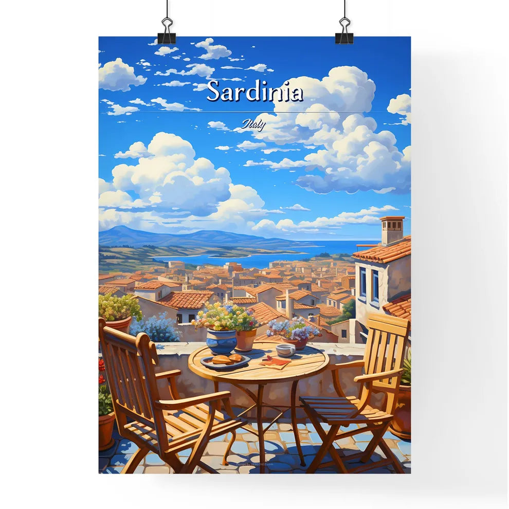 On the roofs of Sardinia, Italy - Art print of a table and chairs on a rooftop overlooking a city Poster