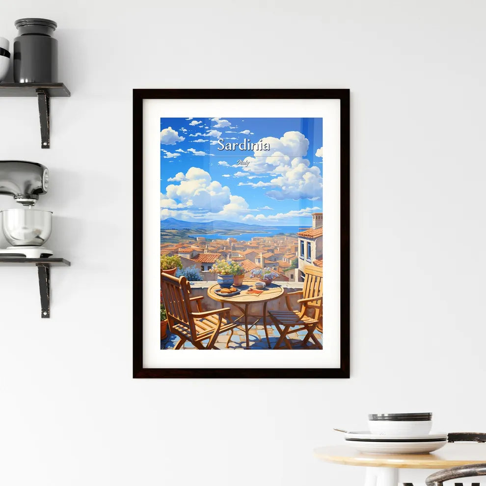 On the roofs of Sardinia, Italy - Art print of a table and chairs on a rooftop overlooking a city Custom Print