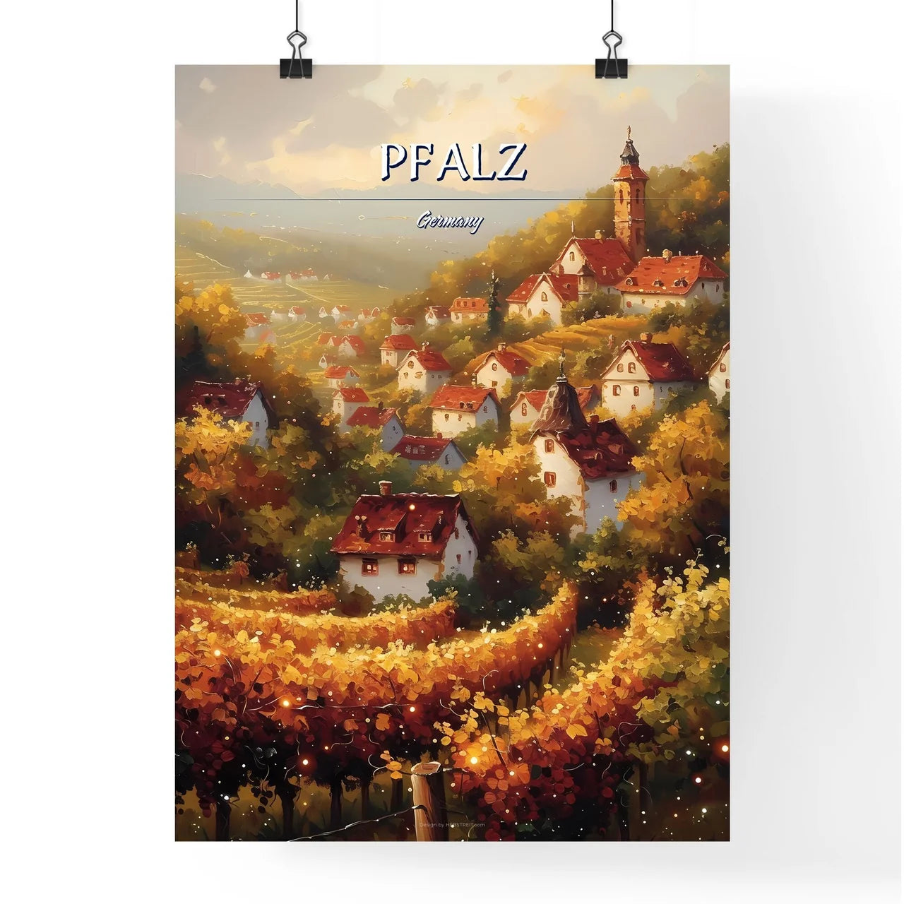 Pfalz, Germany - Art print of a painting of a village in a vineyard Poster