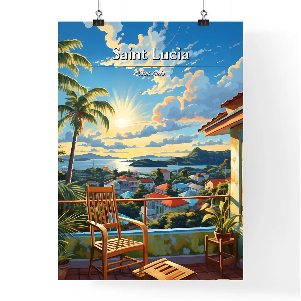On the roofs of Saint Lucia, Saint Lucia - Art print of a chair on a balcony overlooking a city Poster