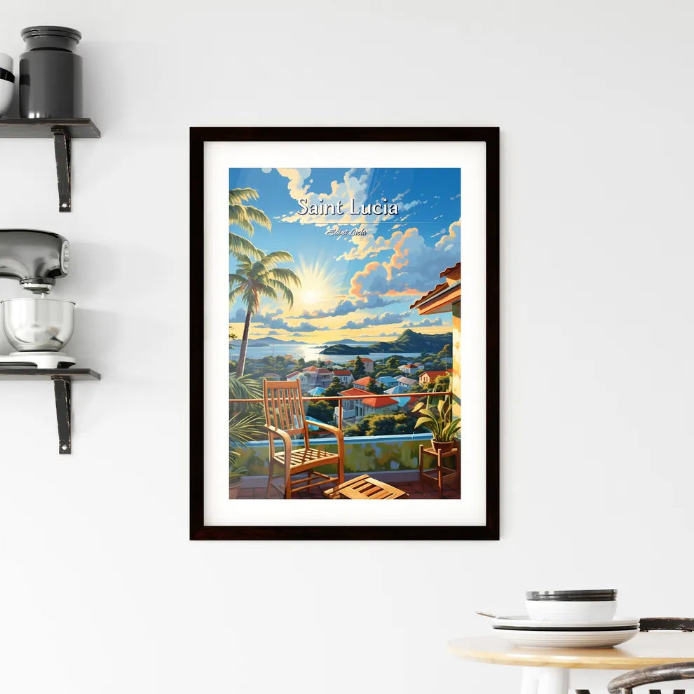 On the roofs of Saint Lucia, Saint Lucia - Art print of a chair on a balcony overlooking a city Custom Print