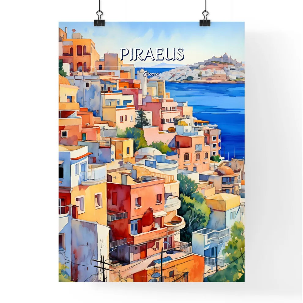 Piraeus, Greece - Art print of watercolor painting of a city by a body of water Poster