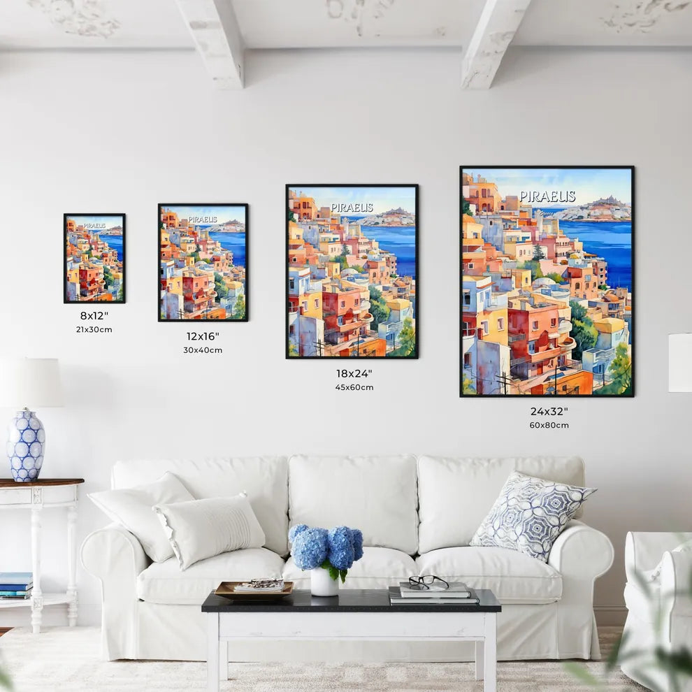 Piraeus, Greece - Art print of watercolor painting of a city by a body of water Size Chart