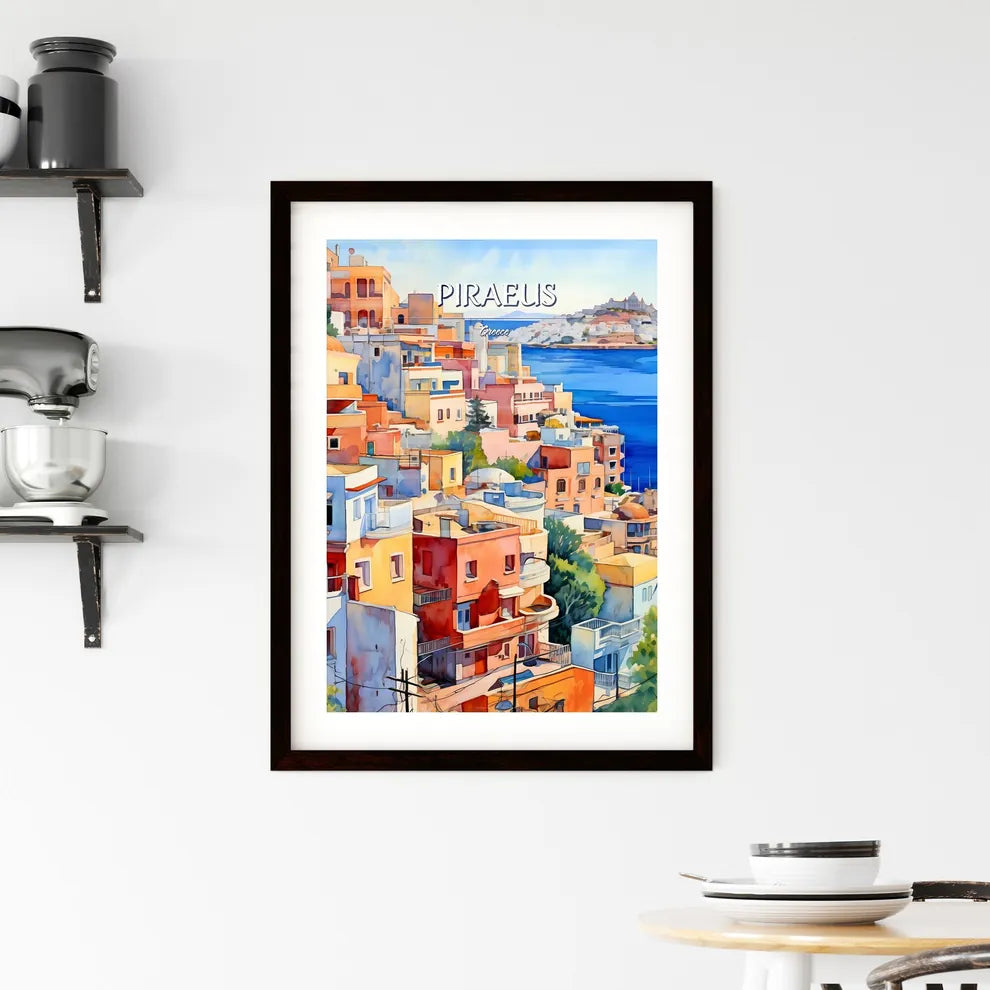 Piraeus, Greece - Art print of watercolor painting of a city by a body of water Custom Print
